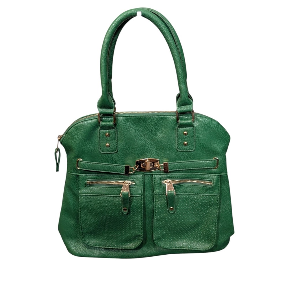 Segolene Paris Green Pebbled Faux Leather Satchel Handbag Gold Hardware